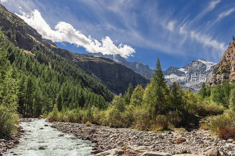 在大帕拉迪索国家公园(Gran Paradiso National Park)的松林峡谷中，白白的水流沿着铺满鹅卵石的河道奔流，周围环绕着高山花岗岩。意大利的奥斯塔山谷